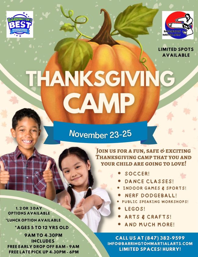 Barrington Martial Arts Thanksgiving Camp flyer, November 23 to 25, ages 5 to 12